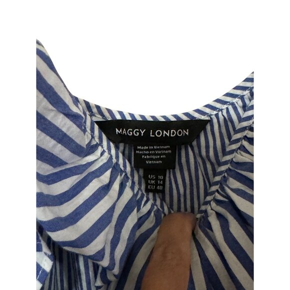 Maggy London Dress Size 10 Womens‎ Cold Shoulder White Blue Stripe Cotton /n2 - Picture 4 of 8